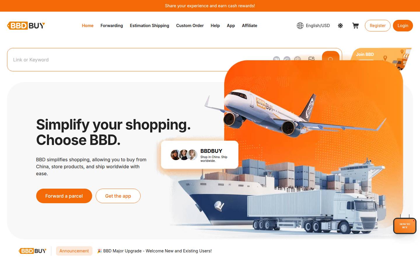 Official BBDBuy homepage: orange BBD tag, search bar, forwarding and estimation in the nav